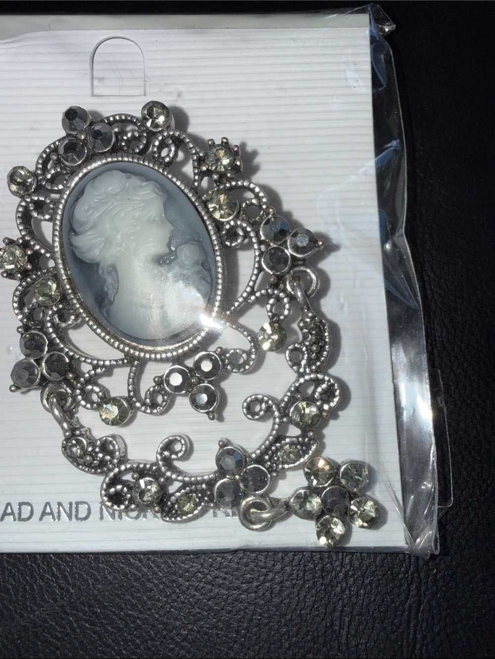 Silver Cameo Pendant Necklace with Rhinestone Accents - Gray and White